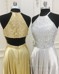 Sparkly Crystal Beaded Halter Long Satin Open Back Semi Formal Prom Dresses