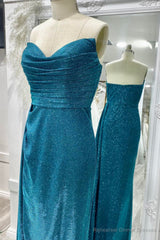 Sparkly Ink Blue Strapless Pleated Long Prom Dress with Slit