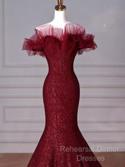 Sparkly Mermaid Burgundy Sequin Long Semi Formal Prom Dress Party Dresses