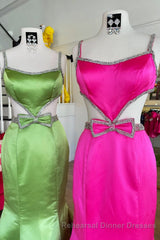 Mermaid Semi Formal Prom Dress Spaghetti Straps Long Evening Dress with Bow