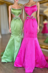 Mermaid Semi Formal Prom Dress Spaghetti Straps Long Evening Dress with Bow
