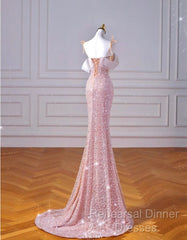 Sparkly Mermaid Straps Pink Tulle Pearls Long Semi Formal Prom Dress