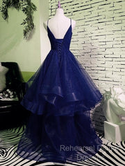 Sparkly Navy Blue Tulle Long Semi Formal Prom Dress Evening Dress