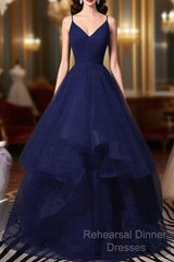 Sparkly Navy Blue Tulle Long Semi Formal Prom Dress Evening Dress