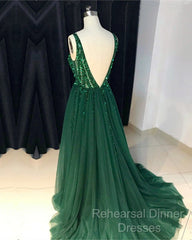 Sparkly Sequins Beaded V-Neck Tulle Open Back Evening Dresses