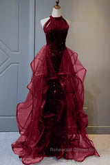 Sparkly Sheath Burgundy Sequin Long Semi Formal Prom Dress Party Dresses