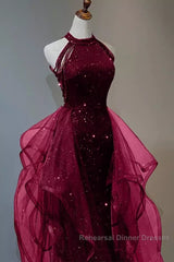 Sparkly Sheath Burgundy Sequin Long Semi Formal Prom Dress Party Dresses