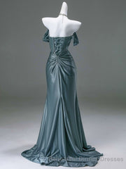Steel Blue Silk Evening Dress - Corset Back Semi Formal Prom Dress with Off-the-Shoulder Design Plus Size