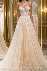 Strapless Champagne Lace Tulle Long Semi Formal Prom Dresses, Champagne Lace Formal Evening Dresses