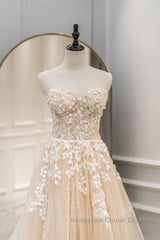 Strapless Champagne Lace Tulle Long Semi Formal Prom Dresses, Champagne Lace Formal Evening Dresses