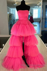 Strapless Hot Pink High Low Semi Formal Prom Dresses, Hot Pink High Low Formal Homecoming Dresses