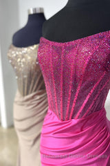 Strapless Mermaid Beaded Long Semi Formal Prom Dress With Slit