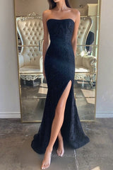 Strapless Mermaid Dark Blue Lace Long Semi Formal Prom Dresses, Mermaid Dark Blue Lace Formal Dresses, Dark Blue Lace Evening Dresses