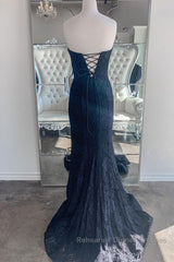 Strapless Mermaid Dark Blue Lace Long Semi Formal Prom Dresses, Mermaid Dark Blue Lace Formal Dresses, Dark Blue Lace Evening Dresses