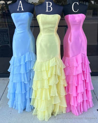 Strapless Mermaid Long Prom Dress with Chiffon Ruffle Skirt