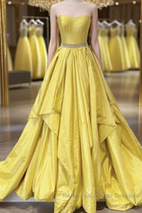Strapless Open Back Fluffy Yellow Satin Long Semi Formal Prom Dresses, Layered Yellow Formal Evening Dresses