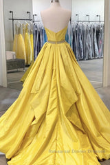 Strapless Open Back Fluffy Yellow Satin Long Semi Formal Prom Dresses, Layered Yellow Formal Evening Dresses
