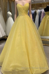 Strapless Open Back Sequins Yellow Semi Formal Prom Dresses, Shiny Yellow Formal Graduation Evening Dresses