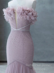 Strapless Pink Chiffon Creased Evening Dress Floor Length Mermaid Semi Formal Prom Dress With Sweep