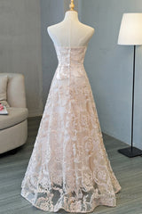 Strapless Pink Lace Long Semi Formal Prom Dresses, Pink Lace Formal Graduation Evening Dresses
