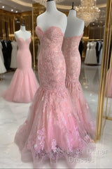 Strapless Pink Tulle Lace Long Mermaid Semi Formal Prom Dress Evening Dresses