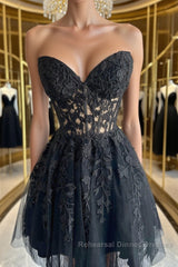 Strapless Short Black Lace Semi Formal Prom Dresses, Short Black Lace Formal Homecoming Dresses