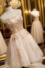 Strapless Short Champagne Party Dress Homecoming Dress With Sequins