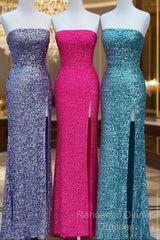 Strapless Sparkly Long Semi Formal Prom Dresses With Slit,Formal Dresses,Charming Dance Dress