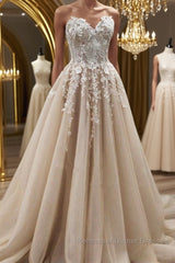 Strapless Sweetheart Neck Champagne Lace Appliques Long Semi Formal Prom Dresses, Champagne Lace Floral Formal Evening Dresses