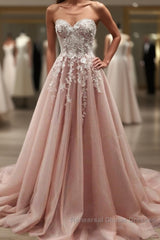 Strapless Sweetheart Neck Pink Lace Appliques Long Semi Formal Prom Dresses, Pink Lace Floral Formal Dresses, Pink Evening Dresses
