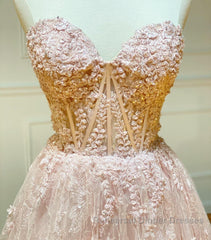 Strapless Sweetheart Neck Pink Lace Long Semi Formal Prom Dresses, Pink Lace Formal Graduation Evening Dresses