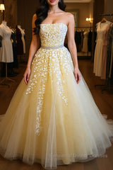 Strapless Yellow Lace Long Semi Formal Prom Dresses, Yellow Lace Formal Graduation Evening Dresses, Yellow Ball Gown