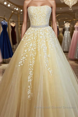 Strapless Yellow Lace Long Semi Formal Prom Dresses, Yellow Lace Formal Evening Dresses