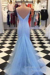 Straps Light Blue Mermaid Semi Formal Prom Dresses Beaded Backless Formal Dresses