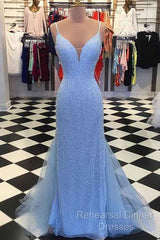 Straps Light Blue Mermaid Semi Formal Prom Dresses Beaded Backless Formal Dresses