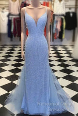 Straps Light Blue Mermaid Semi Formal Prom Dresses Beaded Backless Formal Dresses