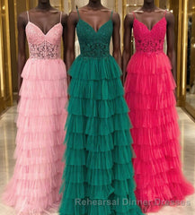 Straps Pink Lace Corset Layered Tulle Semi Formal Prom Dress