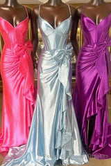 Straps V-Neck Satin Mermaid Semi Formal Prom Dress with Bow