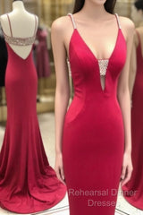 Stunning Elegant Mermaid Sexy Spaghetti Straps Beaded Red Semi Formal Prom Dress,Charming Backless Evening Dress,Dance Dress