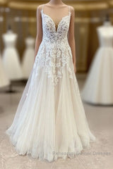 Stunning Long A-Line Spaghetti Straps Appliques Lace Tulle Wedding Dresses