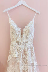 Stunning Long A-Line Spaghetti Straps Tulle Lace Wedding Dresses