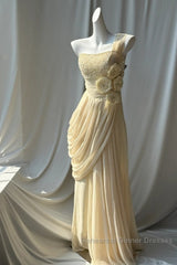 Stunning One Shoulder Beaded Sequin Chiffon Long Semi Formal Prom Dress Formal Evening Dress Simple Wedding Dress