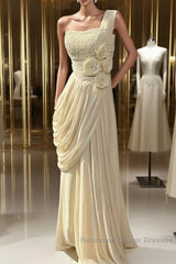 Stunning One Shoulder Beaded Sequin Chiffon Long Semi Formal Prom Dress Formal Evening Dress Simple Wedding Dress