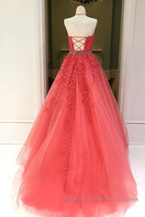 Stylish Backless Coral Lace Long Semi Formal Prom Dresses, Coral Lace Formal Graduation Evening Dresses