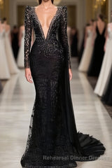 Stylish Black A-line Mermaid Evening Dress Deep V-Neck Beadings Long Sleeves Semi Formal Prom Dress