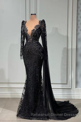 Stylish Black A-line Mermaid Evening Dress Deep V-Neck Beadings Long Sleeves Semi Formal Prom Dress