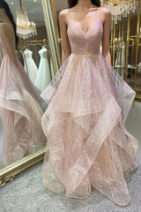 Stylish V Neck Backless Rose Gold Long Semi Formal Prom Dresses, Backless Rose Gold Formal Dresses, Fluffy Rose Gold Evening Dresses