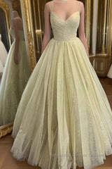 Stylish V Neck Open Back Yellow Semi Formal Prom Dresses, Shiny V Neck Yellow Formal Evening Dresses, Sparkly Yellow Ball Gown