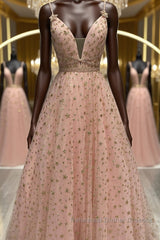 Stylish V Neck Pink Long Semi Formal Prom Dresses with Stars Sequins, Long Pink Formal Evening Dresses