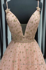 Stylish V Neck Pink Long Semi Formal Prom Dresses with Stars Sequins, Long Pink Formal Evening Dresses